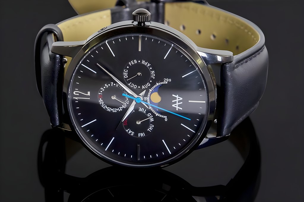 AV watch with a black dial on a black leather strap, photographed on a dark reflective surface
