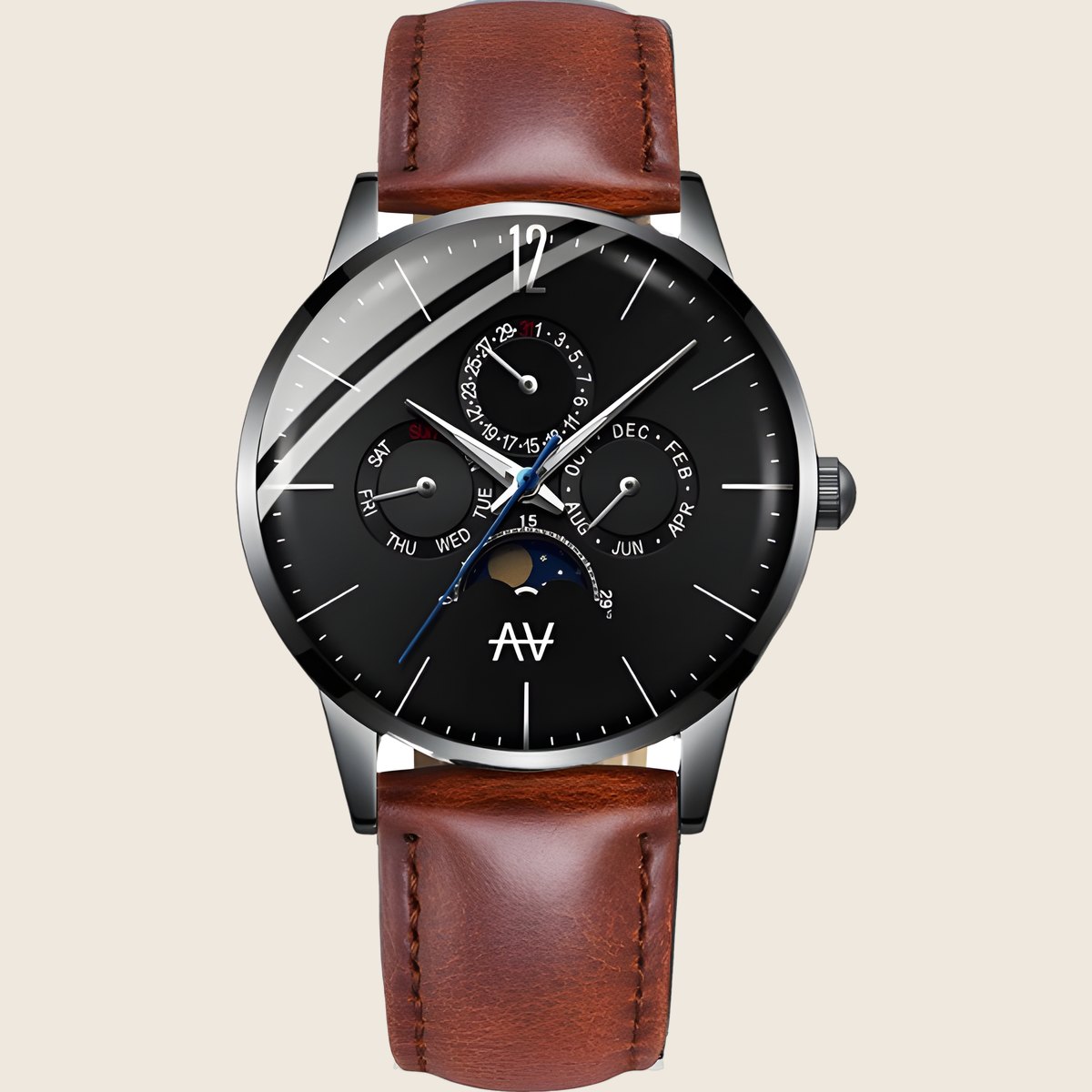 Black Space Leather BR watch: black dial with a dark bezel on a brown leather strap