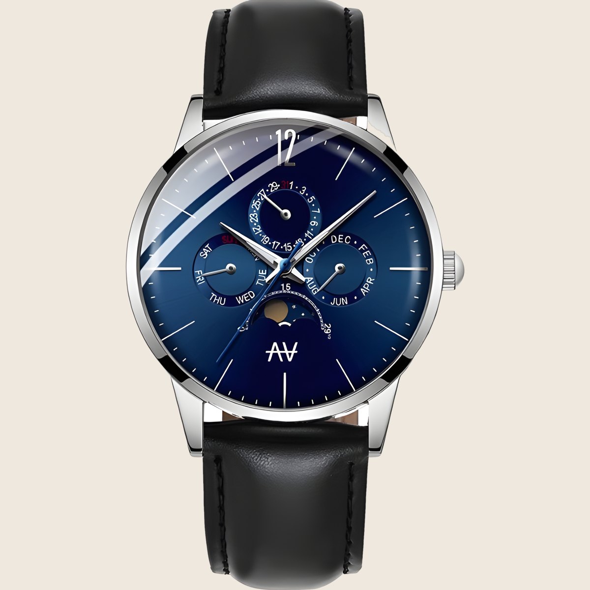Blue Moon Leather BL watch: deep blue dial in a polished steel case on a black leather strap