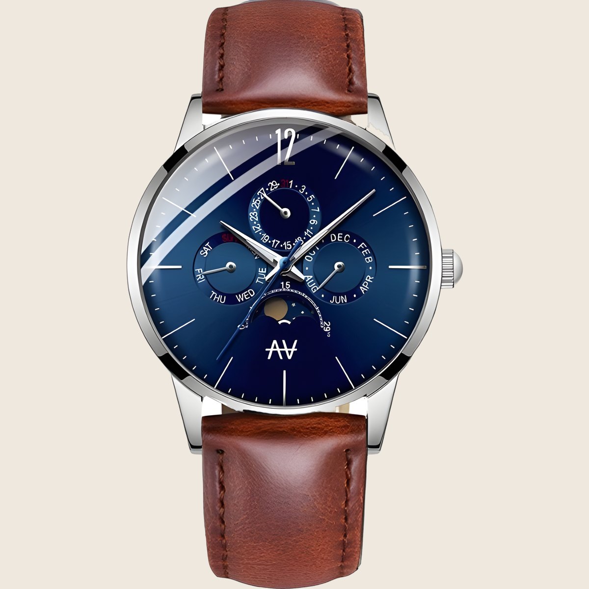 Blue Moon Leather BR watch: deep blue dial in a polished steel case on a brown leather strap