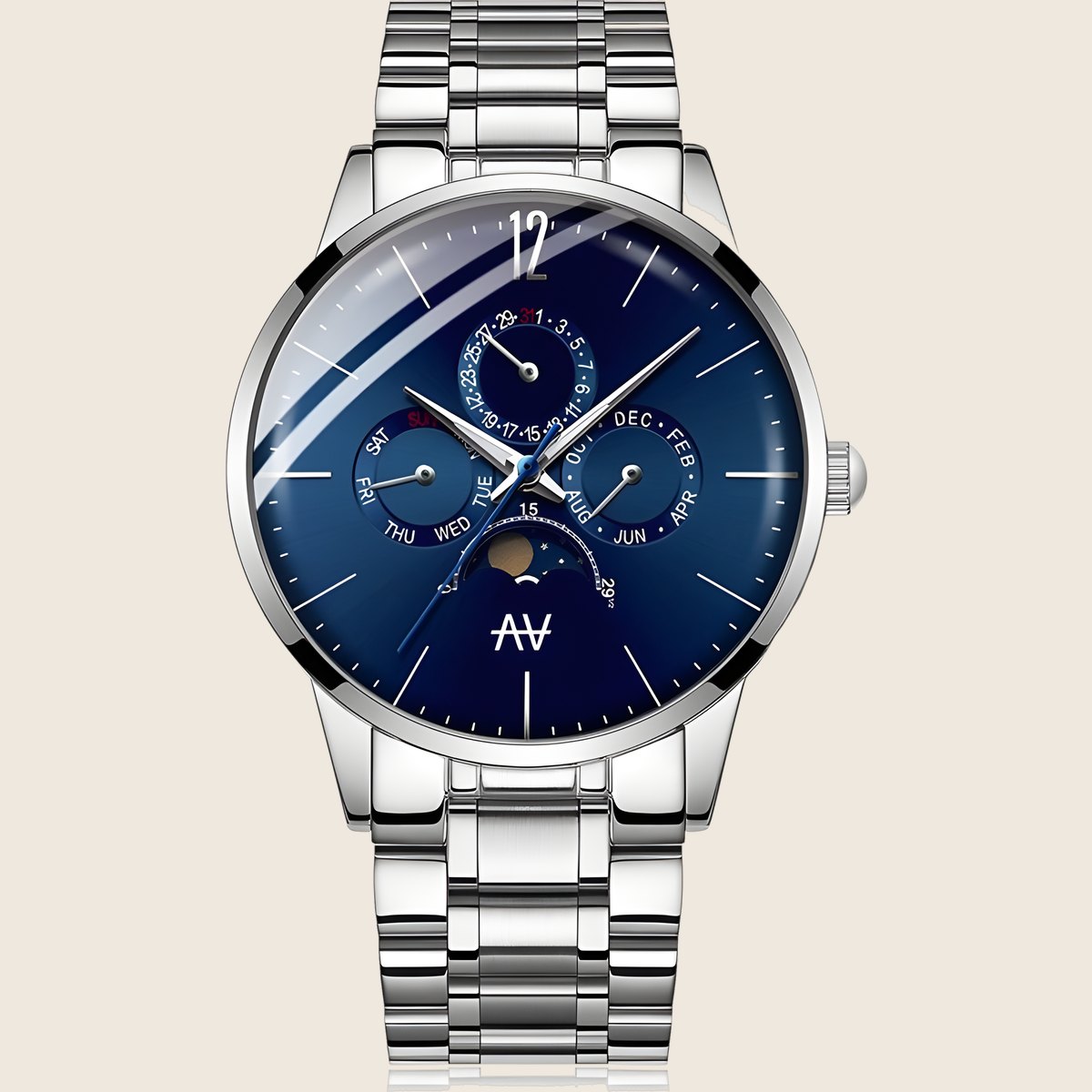 Blue Moon Stainless Steel watch: deep blue dial in a polished steel case on a stainless steel bracelet